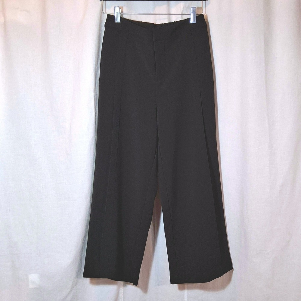 H by Halston Womens Black Wide Leg Cropped Trousers Elastic Waist Size 4